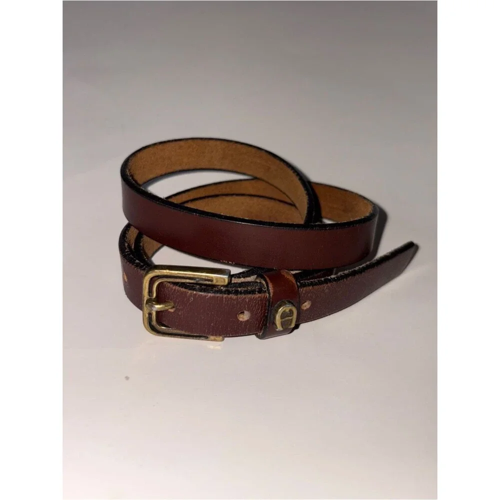 Vintage 80s Etienne Aigner Thin 5/8” Brown Leather Belt W/Brass Buckle Size 28”